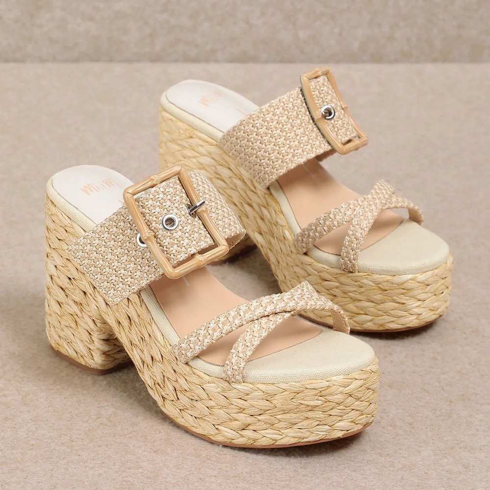 Tan Woven Rattan Platform Sandals